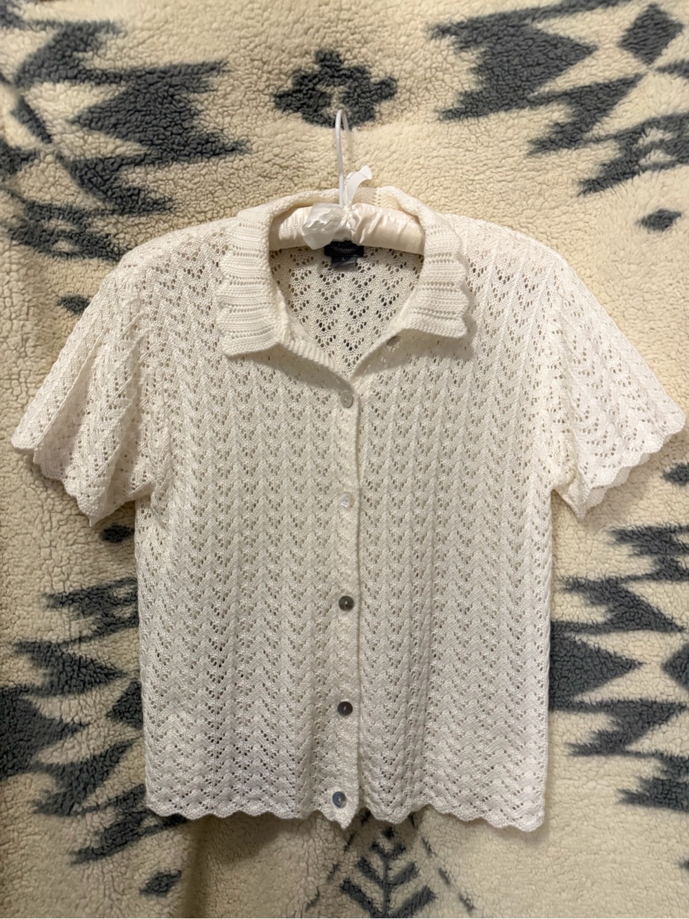 Designers Originals White Short-Sleeve Knit Button-Down Top Large